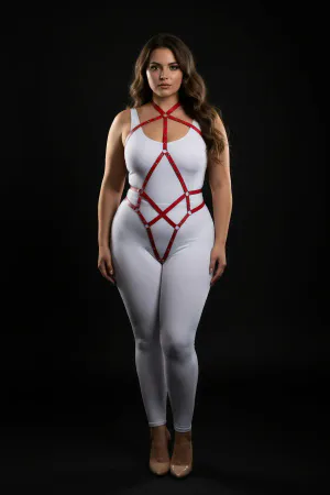 Büyük Beden Kırmızı Kadın Tam Vücut Deri Harness Fantazi Giyim - APFT295