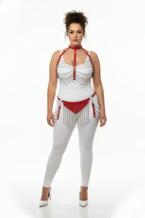 Red Faux Leather Harness Set with Chain Fringe for Women Adjustable
