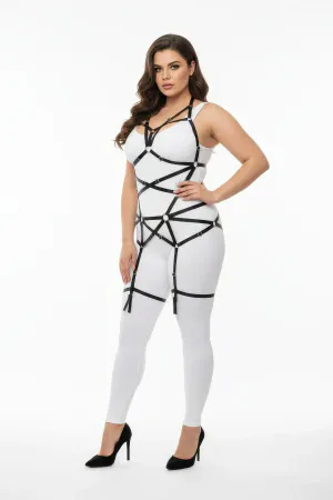 Büyük Beden Siyah Kadın Lastik Harness Takım Halka Detaylı Vücut Aksesuarı - APFT348