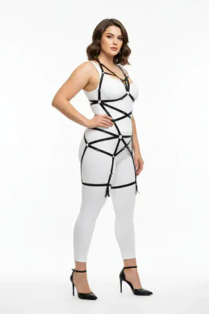 Büyük Beden Siyah Kadın Lastik Harness Takım Halka Detaylı Vücut Aksesuarı - APFT348