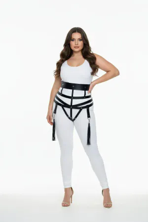 Black Vegan Leather Wide Strap Cage Harness with Detachable Tassel Garters
