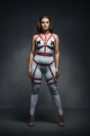 Büyük Beden Kırmızı Kadın Deri Harness Takım Jartiyer Detaylı Vücut Aksesuarı - APFT455