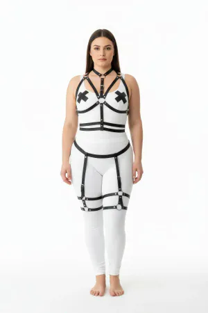 Black Faux Leather Full Body Harness with Choker and Detachable Leg Garters for Women