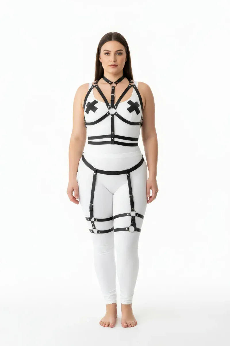 Black vegan leather harness lingerie set front