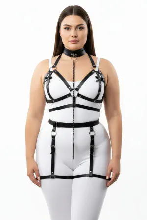 Black Faux Leather Full Body Harness with Choker and Leg Garters