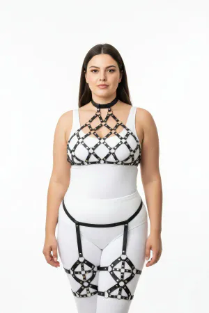 Black Faux Leather Caged Body Harness Set Choker Thigh Garters