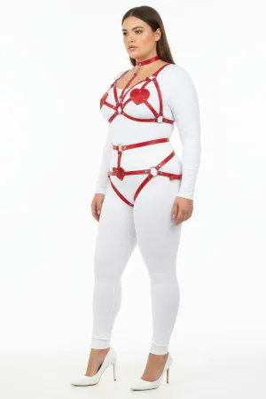 Red Faux Leather Body Harness with Heart Details and Thong Set for Women