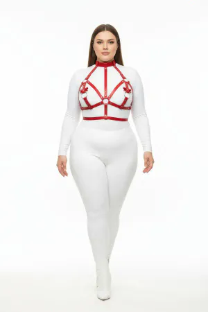 Red faux leather strappy body harness with O-ring details and adjustable straps