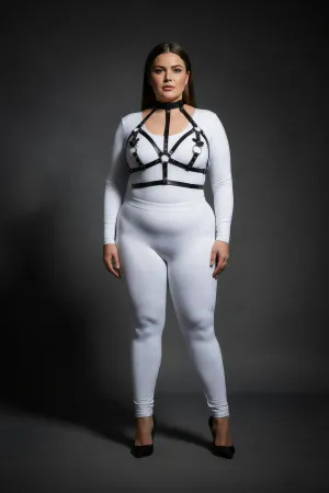 Büyük Beden Siyah Kadın Deri Harness Takım Boyunluk ve Halka Detaylı Fantazi Aksesuar - APFT473