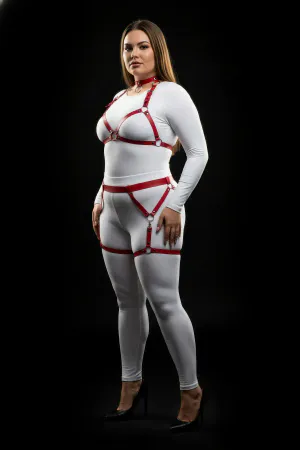 Büyük Beden Kırmızı Kadın Deri Harness Takım Jartiyerli Halka Detaylı - APFT478