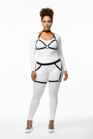 Black Faux Leather Caged Body Harness Set with Garter Thigh Straps