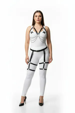 Black Vegan Leather Body Harness and Leg Garter Set with Silver Chains