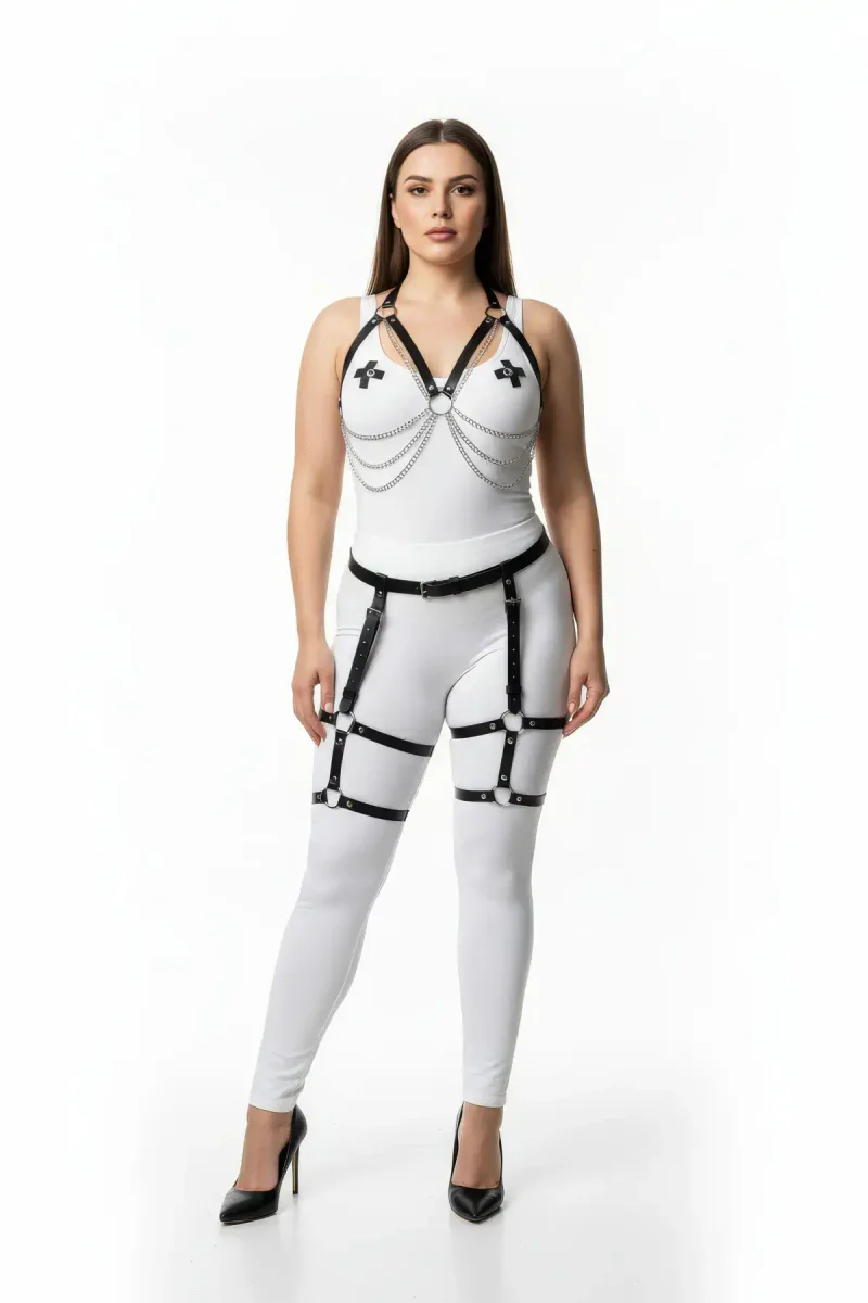 Black Vegan Leather Body Harness and Leg Garter Set with Silver Chains