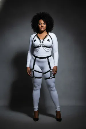 Black Vegan Leather Body Harness and Leg Garter Set with Silver Chains
