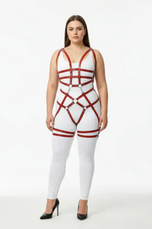 Claret Red Full Body Harness Faux Leather O-Rings Thigh Straps