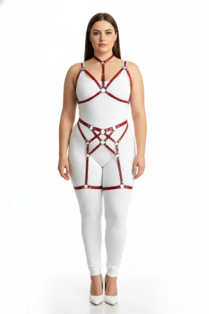 Büyük Beden Kırmızı Kadın Deri Fantazi Harness Takım Jartiyerli - APFT507