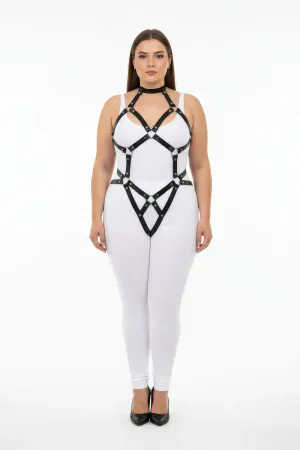 Büyük Beden Siyah Kadın Harness Takım Deri Halka Detaylı Fantazi Vücut Aksesuarı - APFT514