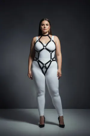 Büyük Beden Siyah Kadın Harness Takım Deri Halka Detaylı Fantazi Vücut Aksesuarı - APFT514