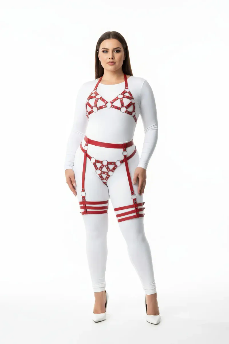 Red Vegan Leather O-Ring Harness Set Front View with Bra Waist and Thigh Garters