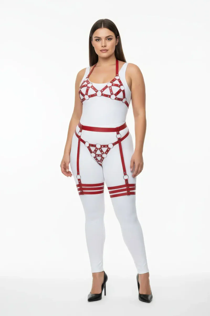 Red Vegan Leather Bra Harness Close Up Silver