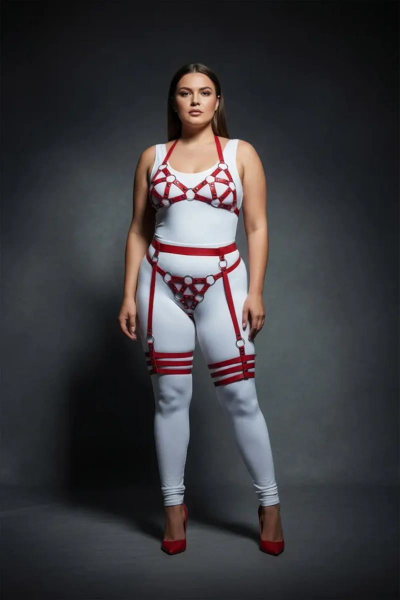 Red Vegan Leather Harness Set Back View with