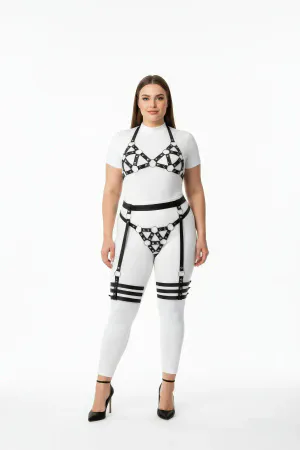 Black Vegan Leather Geometric O-Ring Harness Set with Detachable Thigh Garters