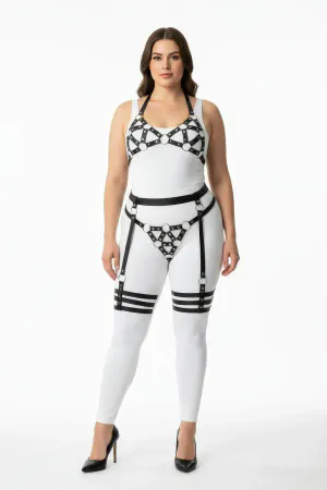 Black Vegan Leather Geometric O-Ring Harness Set with Detachable Thigh Garters