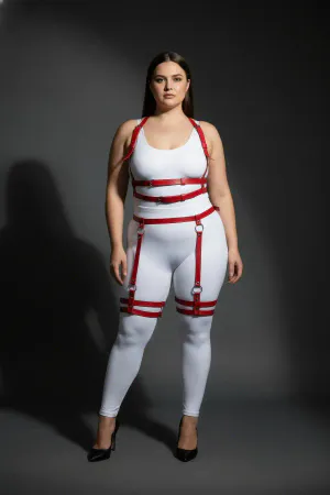 Red Faux Leather Full Body Harness Women Adjustable Straps