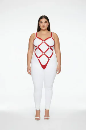 Büyük Beden Kırmızı Kadın Deri Full Body Harness Takım Halka Detaylı Vücut Aksesuarı - APFT542