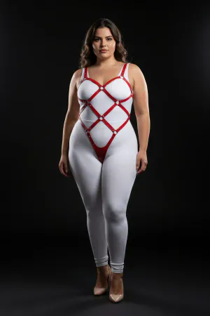 Büyük Beden Kırmızı Kadın Deri Full Body Harness Takım Halka Detaylı Vücut Aksesuarı - APFT542