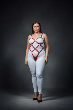 Büyük Beden Kırmızı Kadın Deri Full Body Harness Takım Halka Detaylı Vücut Aksesuarı - APFT542