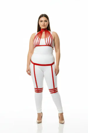 Red Faux Leather Multistrap Harness Set with Garters Plus Size