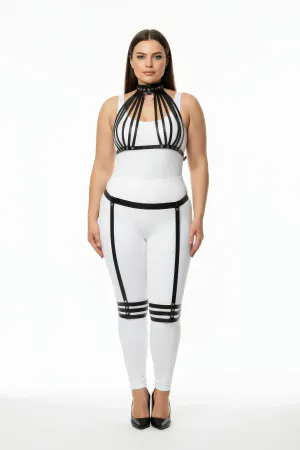 Büyük Beden Siyah Kadın Deri Harness Takım Jartiyerli Fantezi Vücut Aksesuarı - APFT552