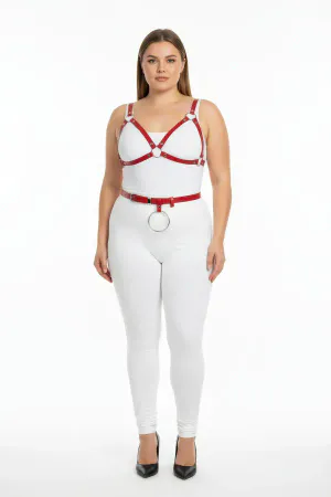 Red Vegan Leather Chest Harness and Waist Belt Set with Silver O-Rings on model
