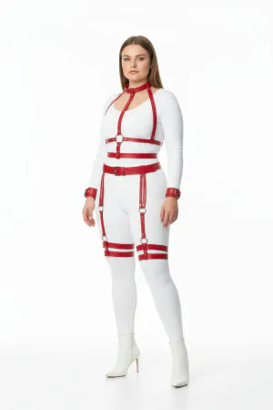 Red Faux Leather Full Body Harness Set Plus Size Caged Straps