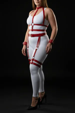 Red Faux Leather Full Body Harness Set Plus Size Caged Straps