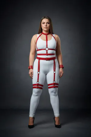 Red Faux Leather Full Body Harness Set Plus Size Caged Straps