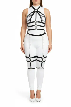 Büyük Beden Siyah Kadın Harness Takım Zincir Detaylı Full Body Deri Aksesuar - APFT698