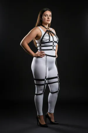 Büyük Beden Siyah Kadın Harness Takım Zincir Detaylı Full Body Deri Aksesuar - APFT698