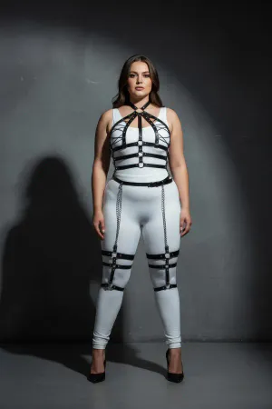 Büyük Beden Siyah Kadın Harness Takım Zincir Detaylı Full Body Deri Aksesuar - APFT698