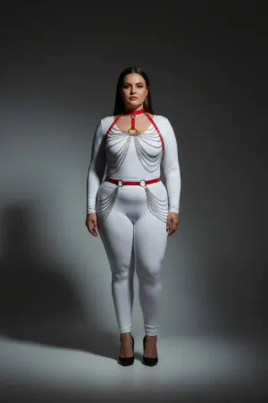 Büyük Beden Kırmızı Kadın Harness Takım Zincir Detaylı Deri Fantezi Vücut Aksesuarı - APFT701