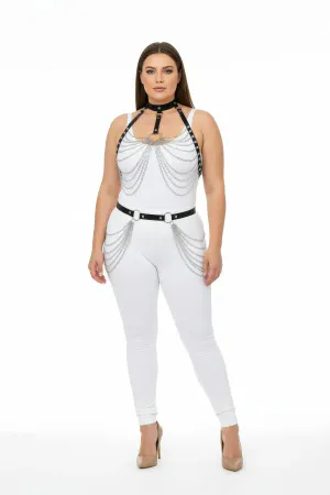 Black Faux Leather Body Harness Set with Cascading Silver Chains on a plus size model