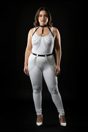 Black Faux Leather Body Harness Set with Cascading Silver Chains on a plus size model