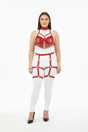 Red Faux Leather Fringe Harness Bra and Garter Set Front View