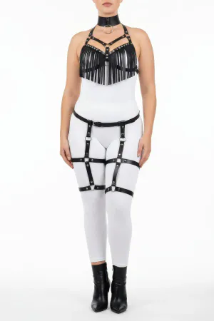 Büyük Beden Siyah Kadın Harness Takım Püsküllü Deri Görünümlü Jartiyerli Fantezi Aksesuar - APFT715