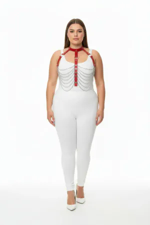 Büyük Beden Kırmızı Kadın Harness Takım Zincir Detaylı Deri Vücut Aksesuarı - APFT721