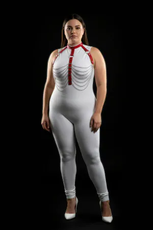 Büyük Beden Kırmızı Kadın Harness Takım Zincir Detaylı Deri Vücut Aksesuarı - APFT721