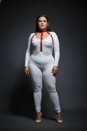 Büyük Beden Kırmızı Kadın Harness Takım Zincir Detaylı Deri Vücut Aksesuarı - APFT721