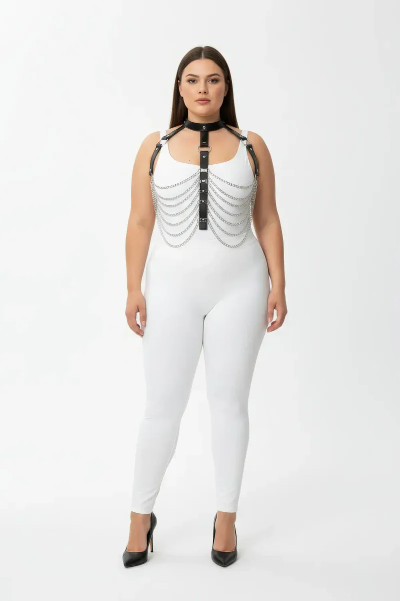 Black faux leather body harness with collar and draped silver chains