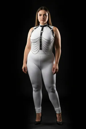 Black faux leather body harness with collar and draped silver chains